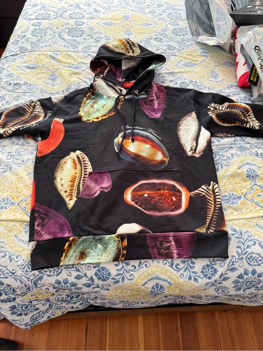 Denim Tears Black Shell-Print Hoodie with Multicolor Seashell Motifs